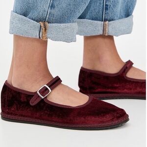 Velvet Mary Jane Flats in Deep Burgundy